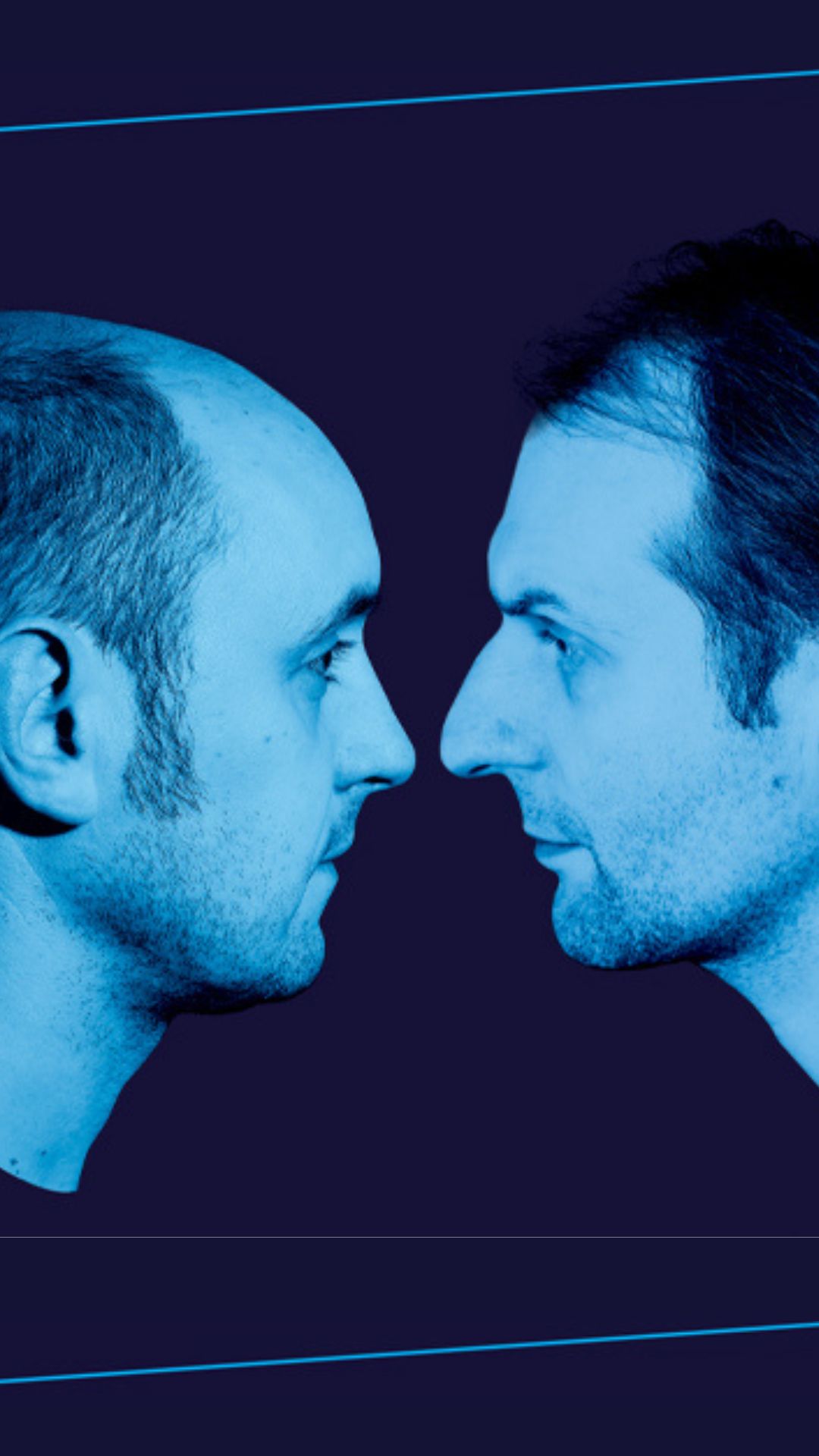 Aktorzy Woronowicz i Rutkowski na plakacie spektaklu Depresja komika